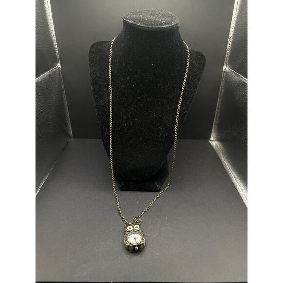 Vintage DBS Signed Goldtone Owl Pendant Quartz Watch w/ Chain Necklace - Picture 3 of 11